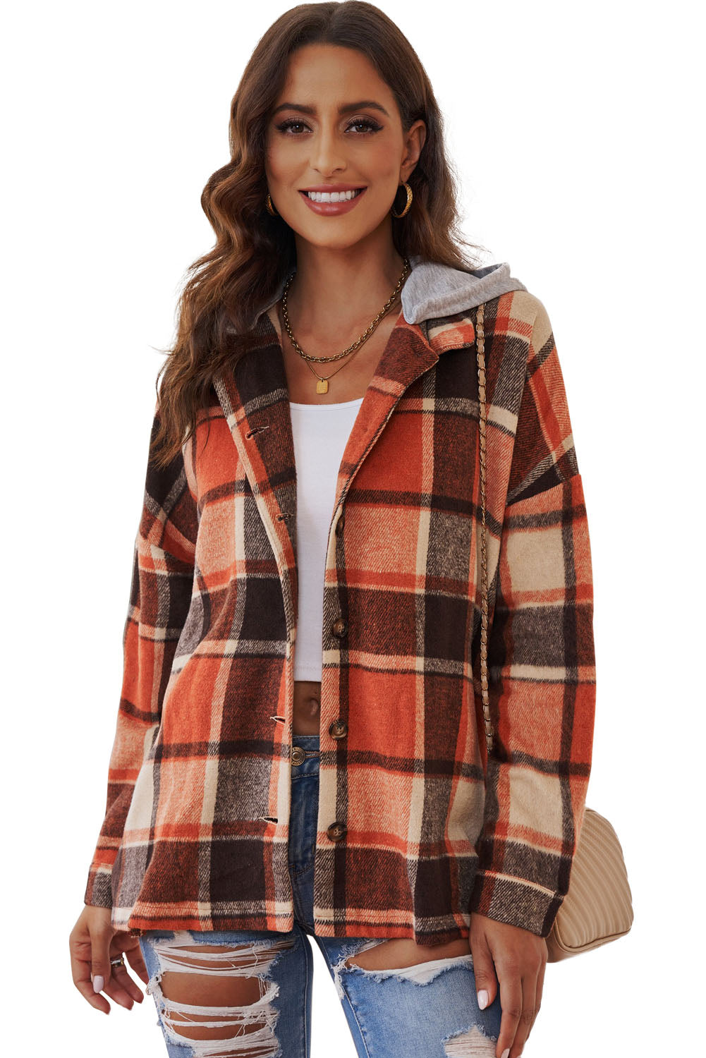 Orange Plaid Button Front Hooded Shacket