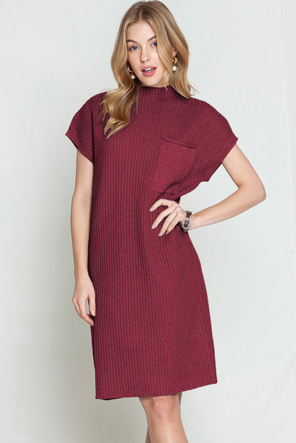 Oatmeal Patch Pocket Ribbed Knit Short Sleeve Sweater Dress