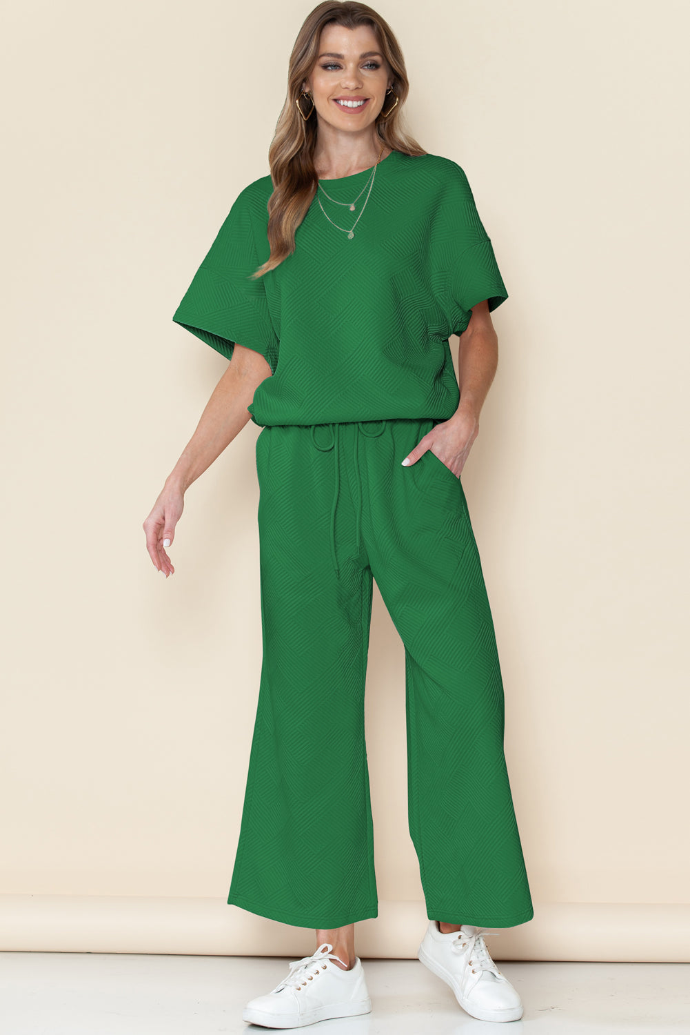 Dark Green Textured Loose Fit T Shirt and Drawstring Pants Set