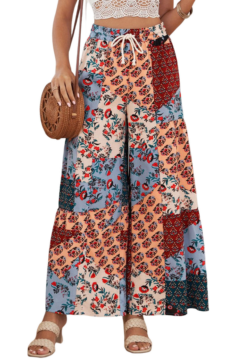 Yellow Boho Ethnic Print Drawstring Wide Leg Pants