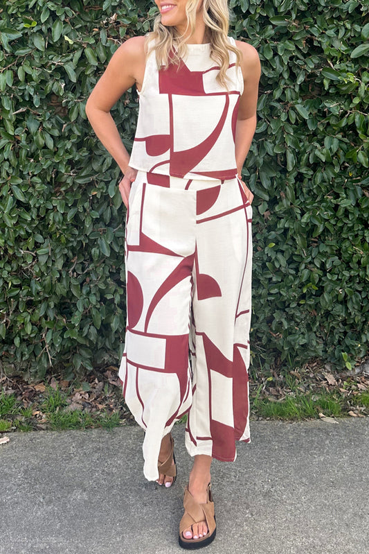 White Abstract Print Button Back Vest and Wide Leg Pants Set