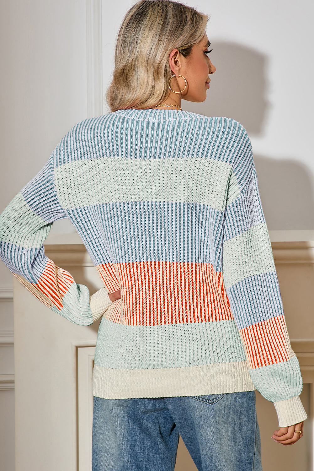 Pink Colorblock Lantern Sleeve Rib Knitted Sweater