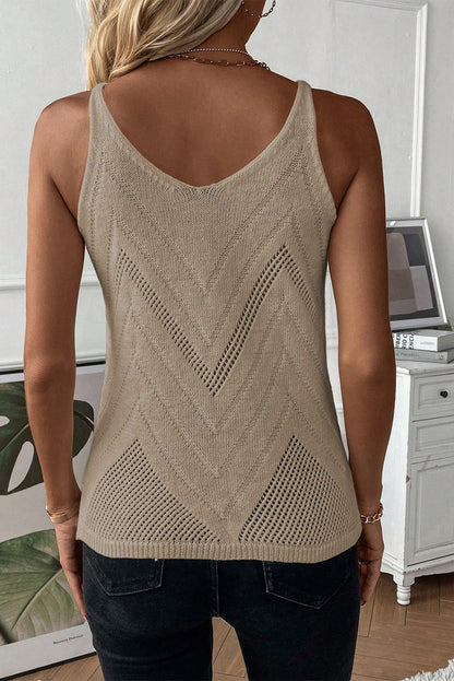 White Chevron Pointelle Knit V Neck Cami Top