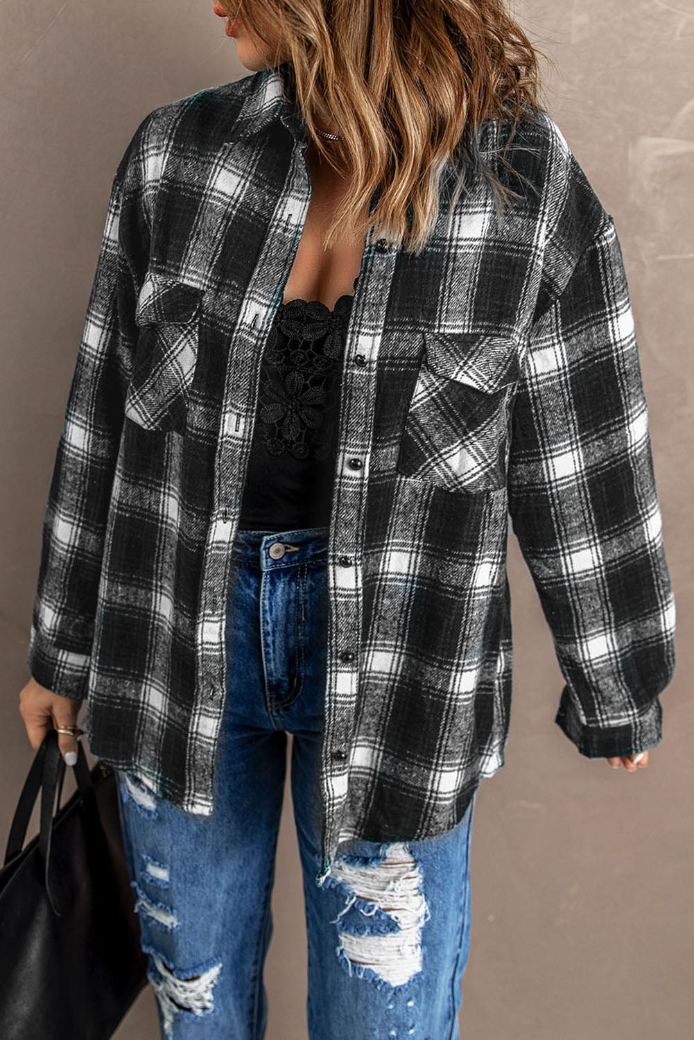 Wholesale Black Button Up Collared Plaid Shacket