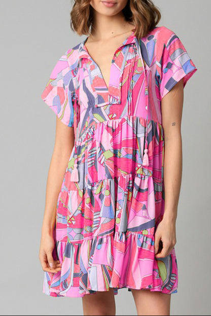 Pink Abstract Print Split V Neck Short Sleeve Tiered Dress