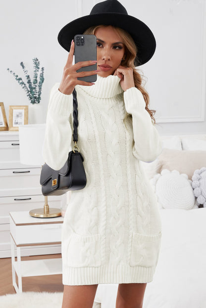 White Cowl Neck Pocket Twist Detail Cable Knit Sweater Dress