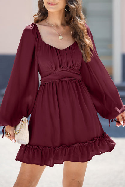 Red Plain Ruched Casual Ruffle High Waist Mini Dress