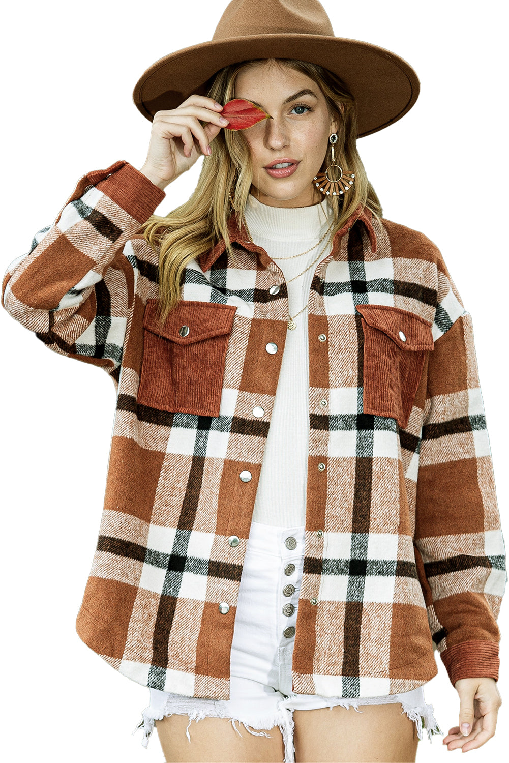 Brown Plaid Pocket Casual Buttons Up Shirt Shacket