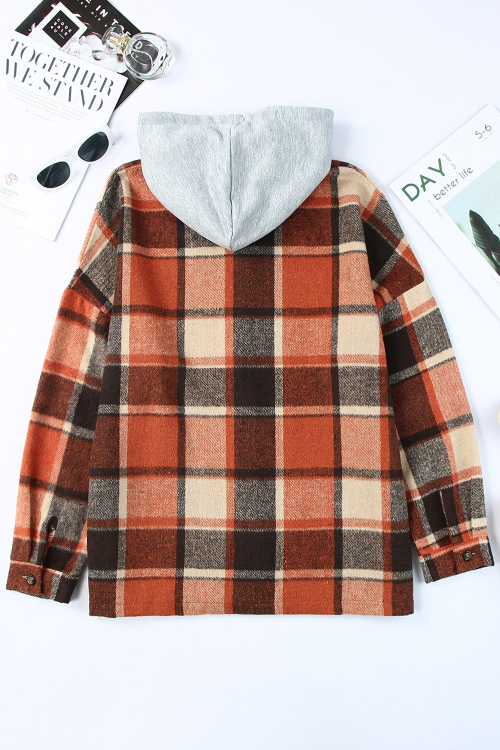 Orange Plaid Button Front Hooded Shacket