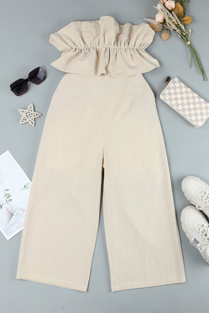 Beige Elegant Ruffled Strapless Wide Leg Jumpsuit