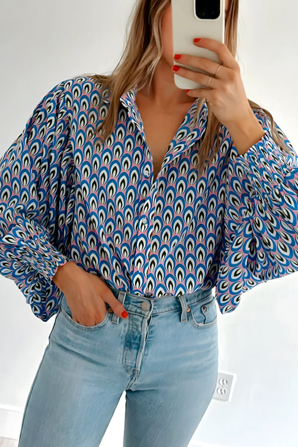 Sky Blue Abstract Print Collared Lantern Sleeve Shirt