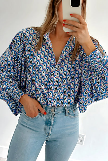 Sky Blue Abstract Print Collared Lantern Sleeve Shirt