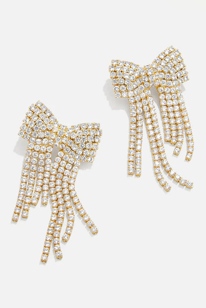 Gold Rhinestone Bowknot Fringe Dropping Earrings