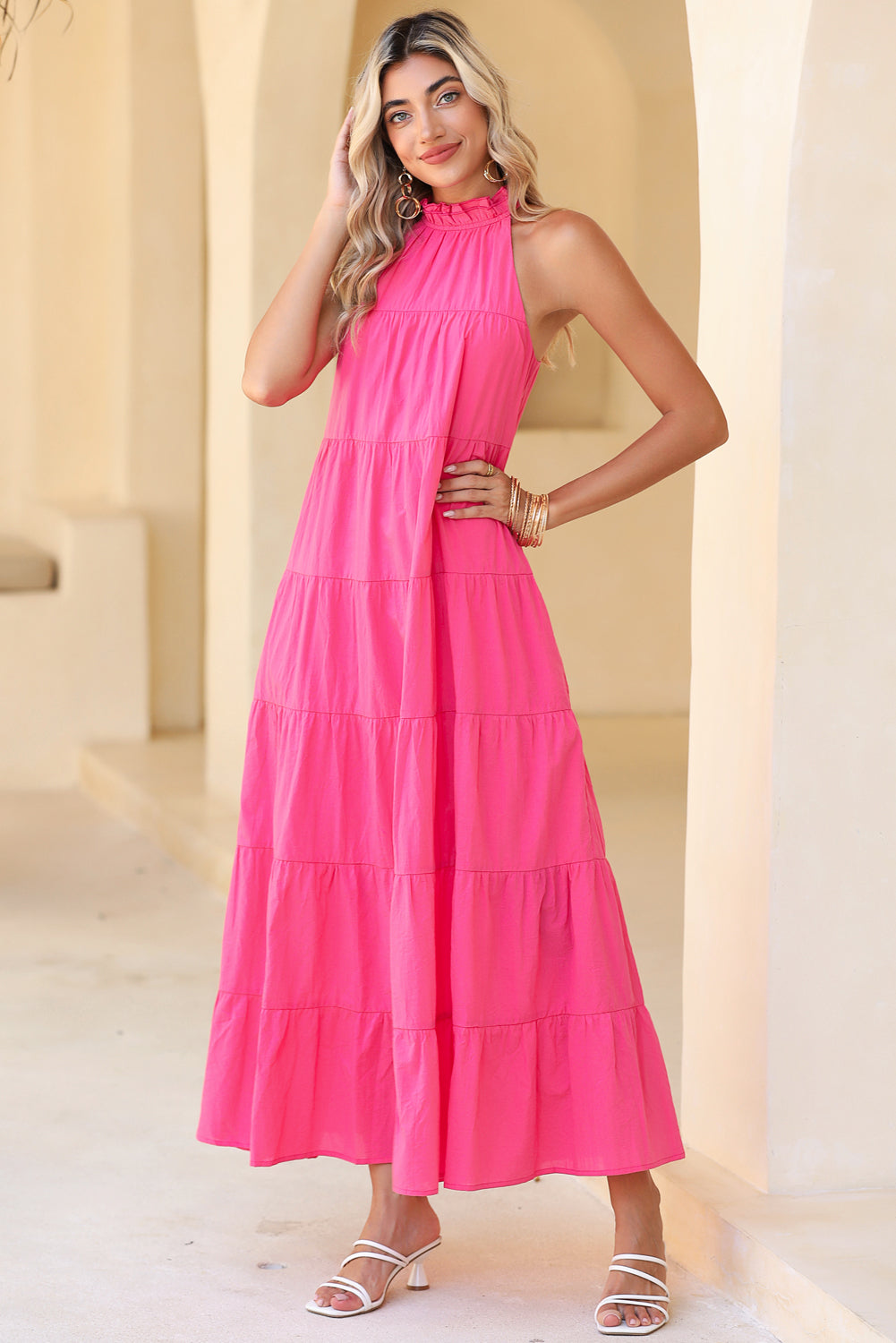 Rose Red Knotted Frill Neck Tiered Flared Maxi Dress