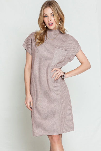 Oatmeal Patch Pocket Ribbed Knit Short Sleeve Sweater Dress