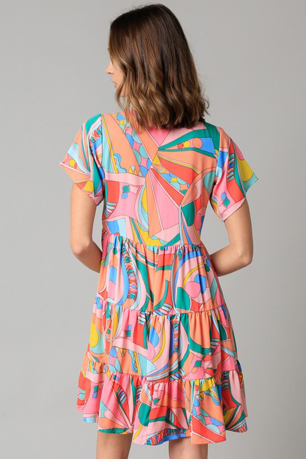 Pink Abstract Print Split V Neck Short Sleeve Tiered Dress