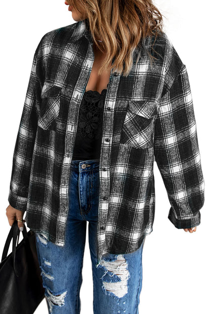 Wholesale Black Button Up Collared Plaid Shacket