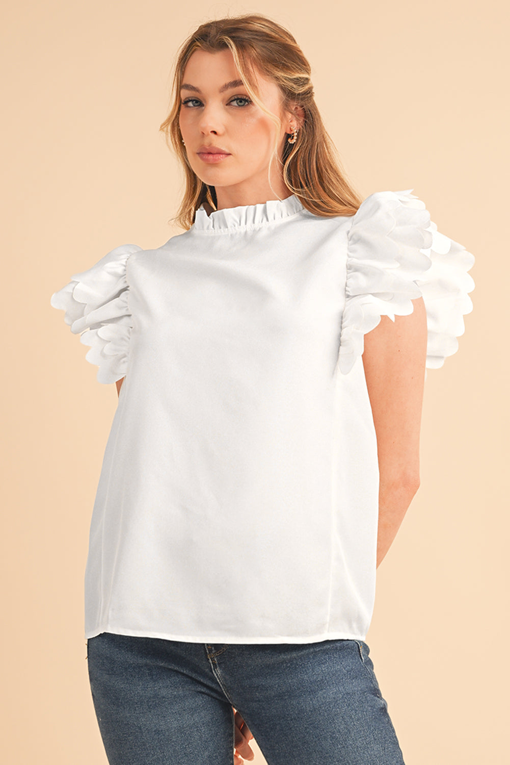 White Solid Color Scalloped Ruffle Sleeve Blouse