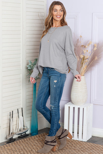 Grey Waffle Knit Cinched Backless Drop Shoulder Long Sleeve Top