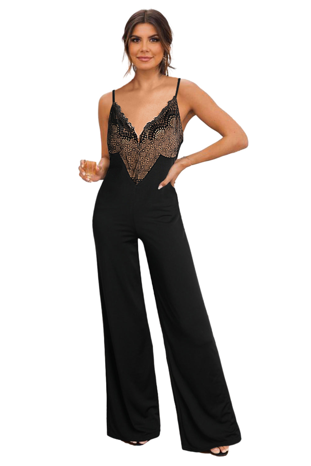 Black Lace Splicing V Neck Bodice Wide Leg Jumpsuit