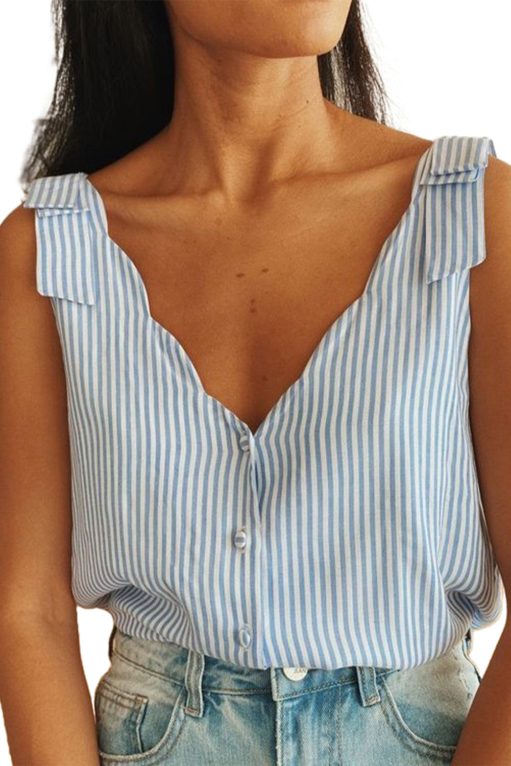 Sky Blue Striped Print Scalloped Trim V Neck Buttoned Sleeveless Shirt