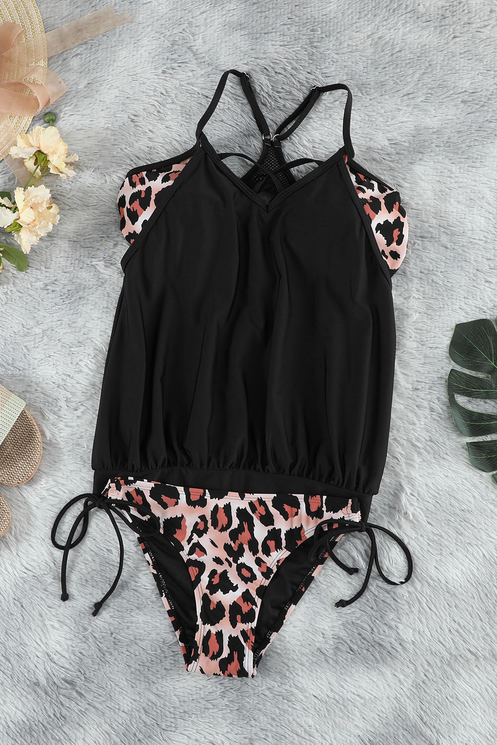 Black Sexy Leopard Spaghetti Blouson Tankini Set