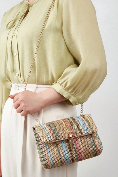 Camel Woven Striped Flapped Single Shoulder Bag