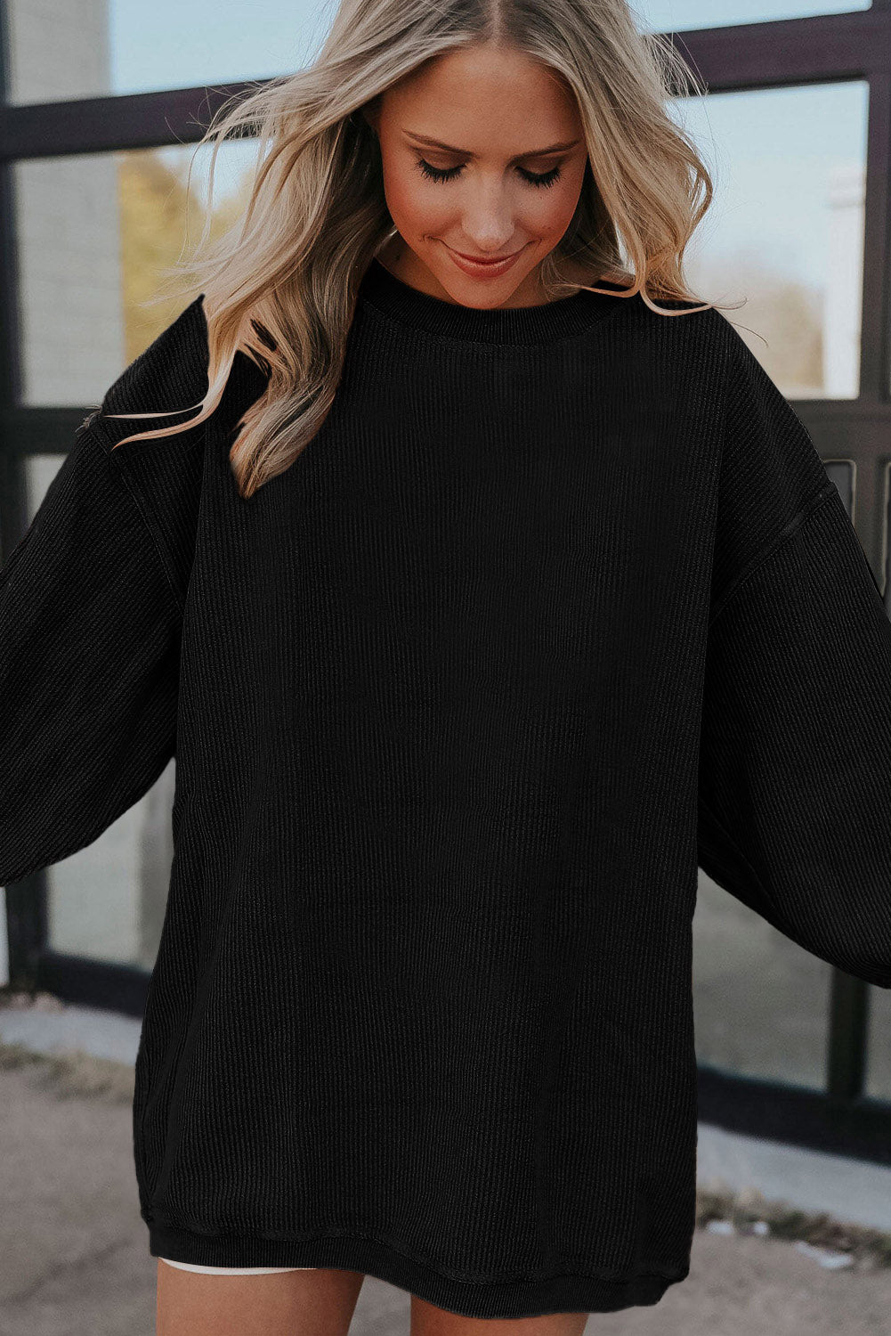 Orange Plain Drop Sleeve Rib-Knit Oversized Sweatshirt