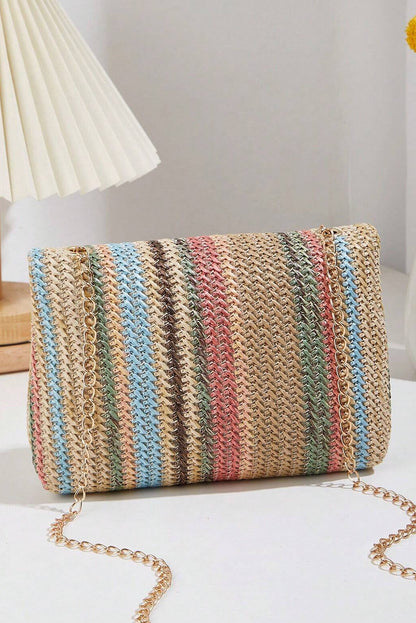 Camel Woven Striped Flapped Single Shoulder Bag