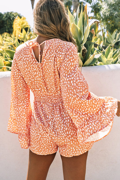 Orange Animal Spotted Print V Neck Flounce Sleeve Romper