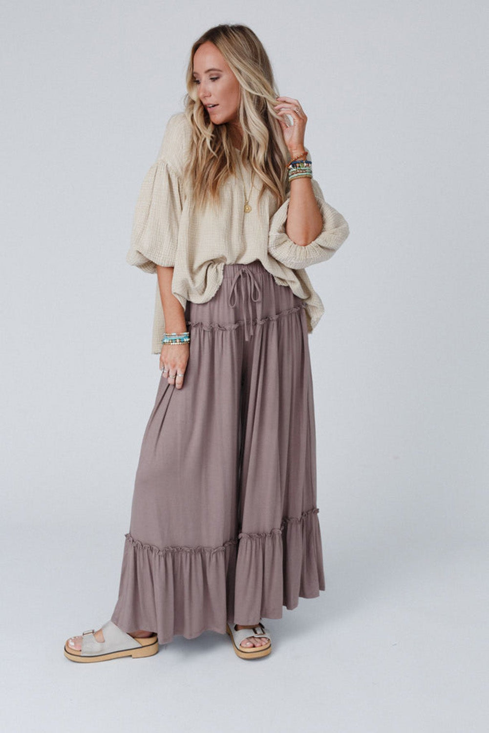 Khaki Frill Detail Drawstring High Waist Wide Leg Pants