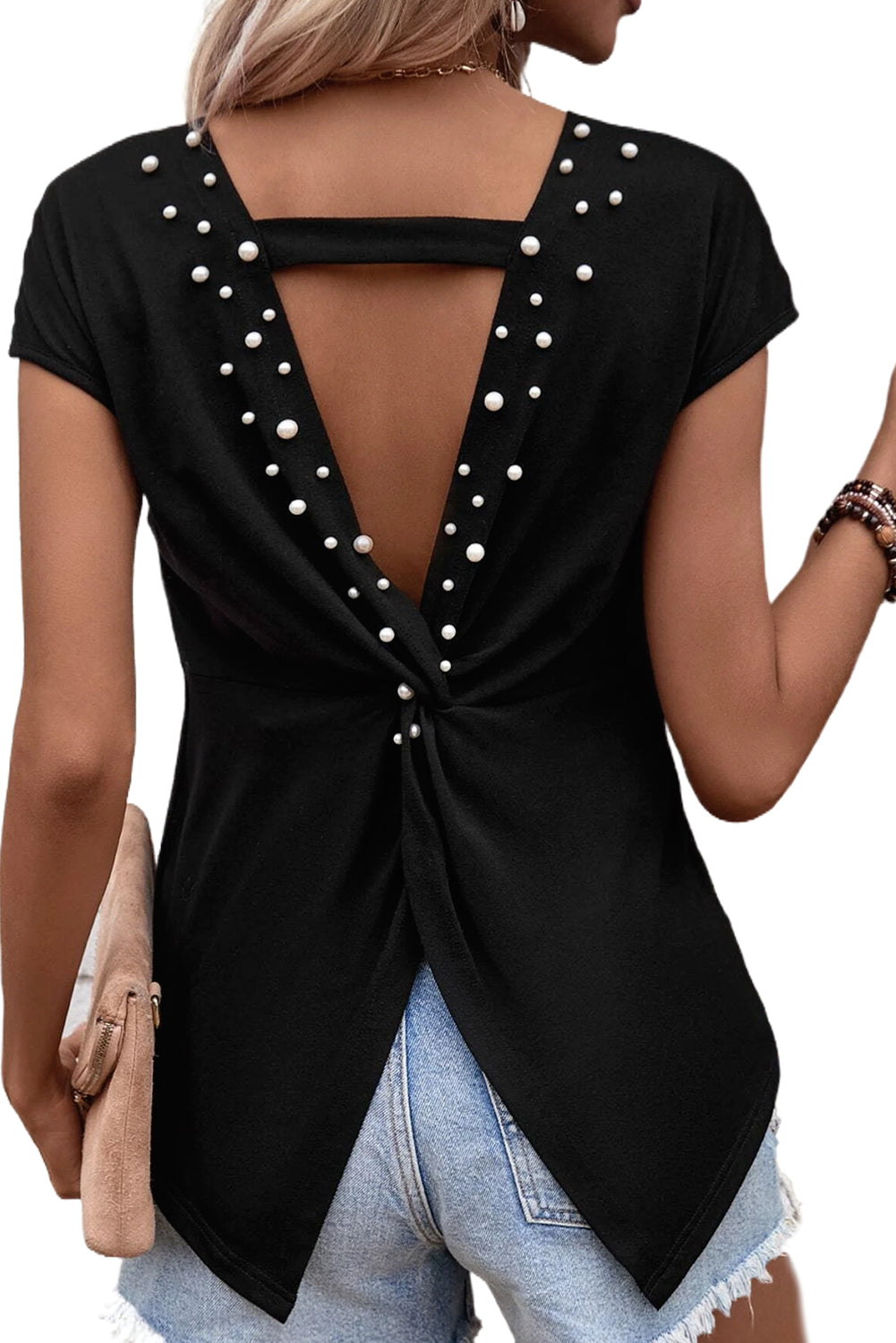 Black Pearls Embellished Twist Backless Tee