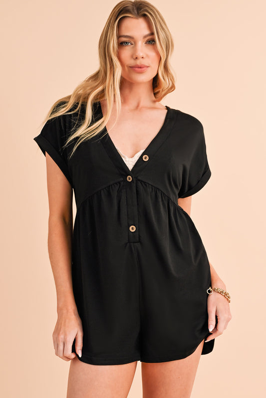 Black V Neck Buttons Loose Cuffed Short Sleeve Romper