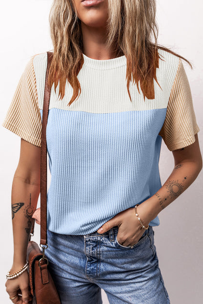 Light Blue Rib Textured Colorblock Round Neck T Shirt