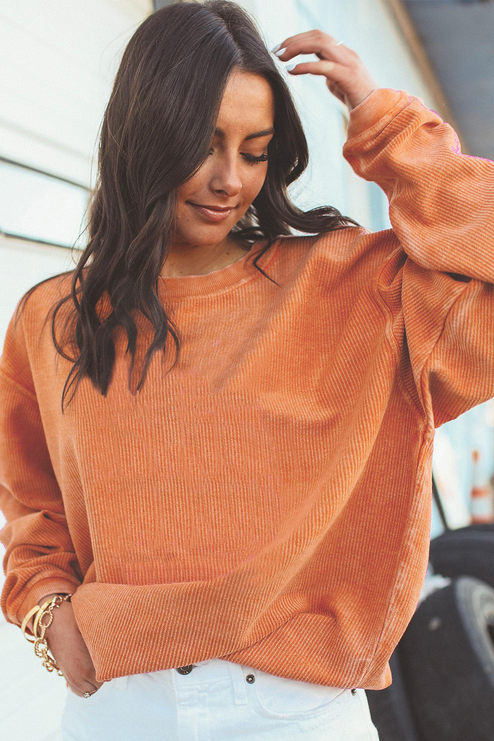 Orange Plain Drop Sleeve Rib-Knit Oversized Sweatshirt