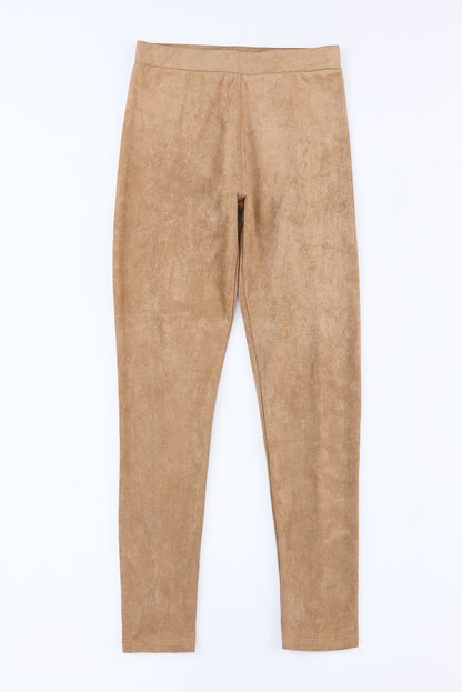 Khaki Mid Rise Faux Suede Skinny Leggings