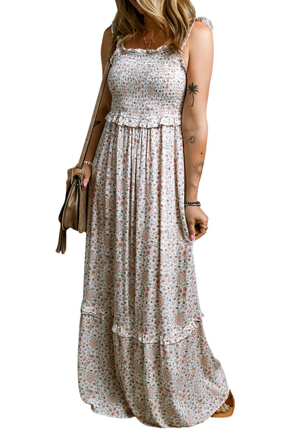 White Floral Print Lace Frilly Straps Shirred Maxi Dress