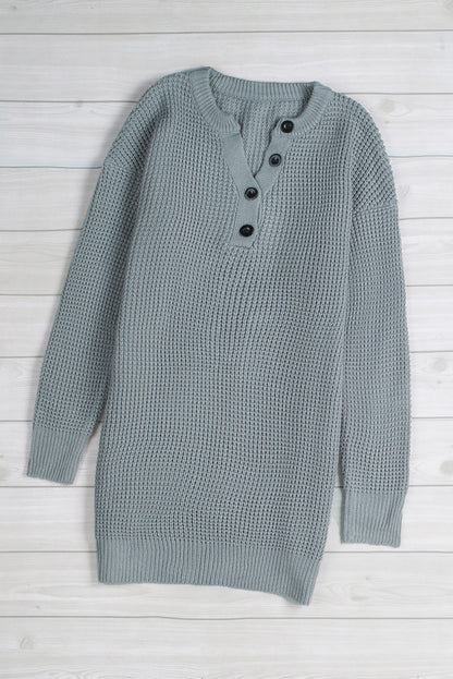 Grey Button Notched Neck Drop Shoulder Waffle Knit Sweater Dress