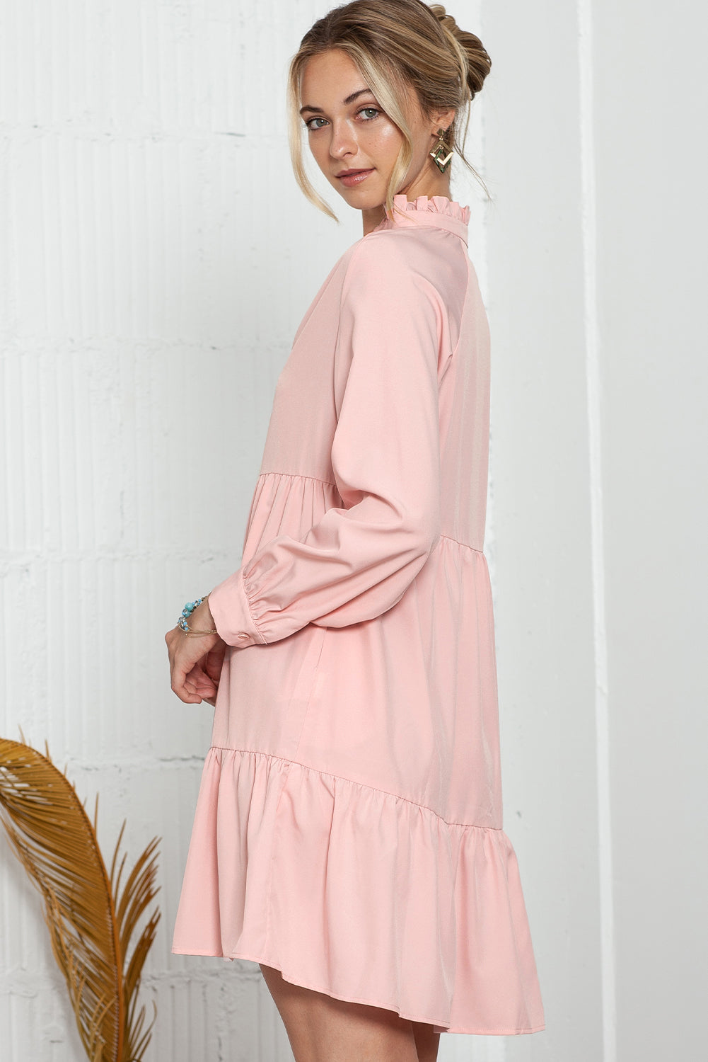 Pink Casual Stand V Neck Short Frill Dress