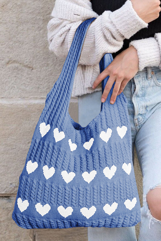 Blue heart pattern knit shoulder bag, women's bag, cute accessory, IOPCCLOTHING