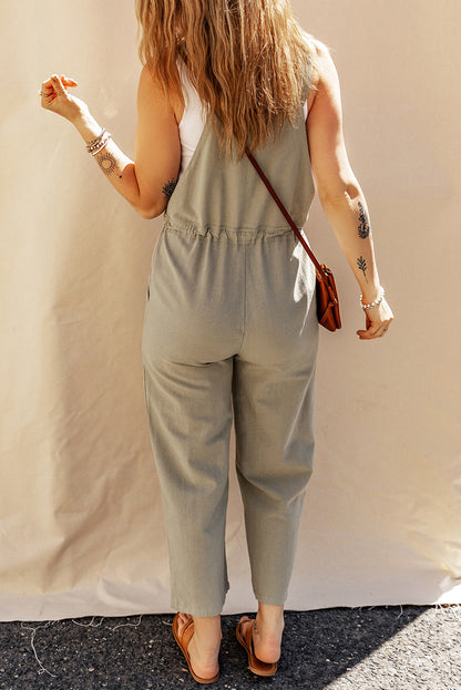 Sage Green Buttoned Straps Drawstring Cropped Overalls