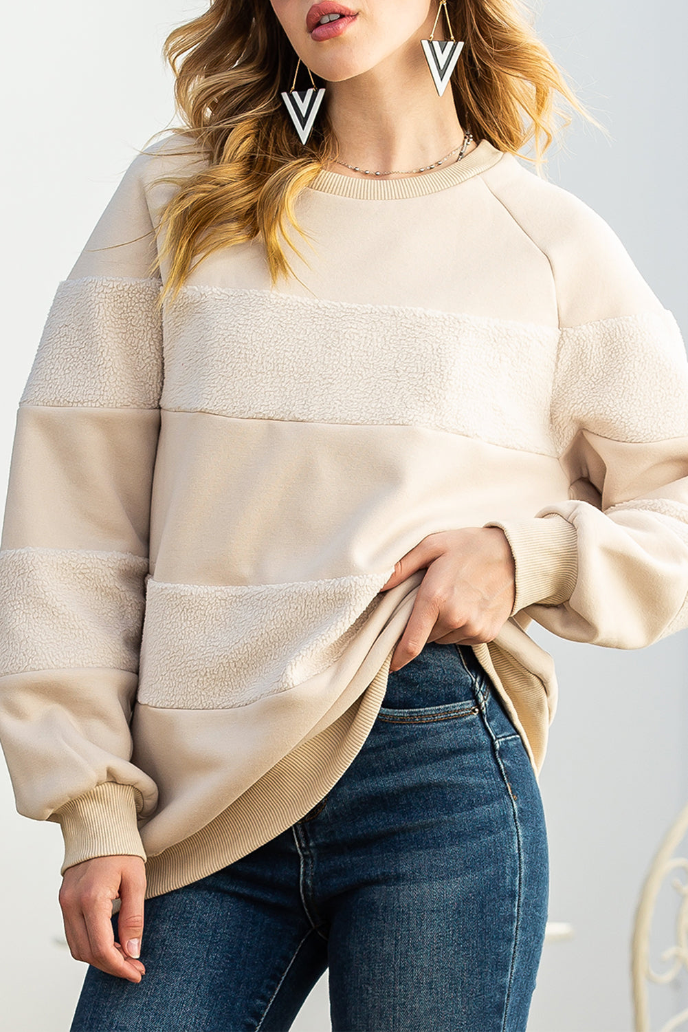 Oatmeal Striped Long Sleeve Pullover Sweatshirt