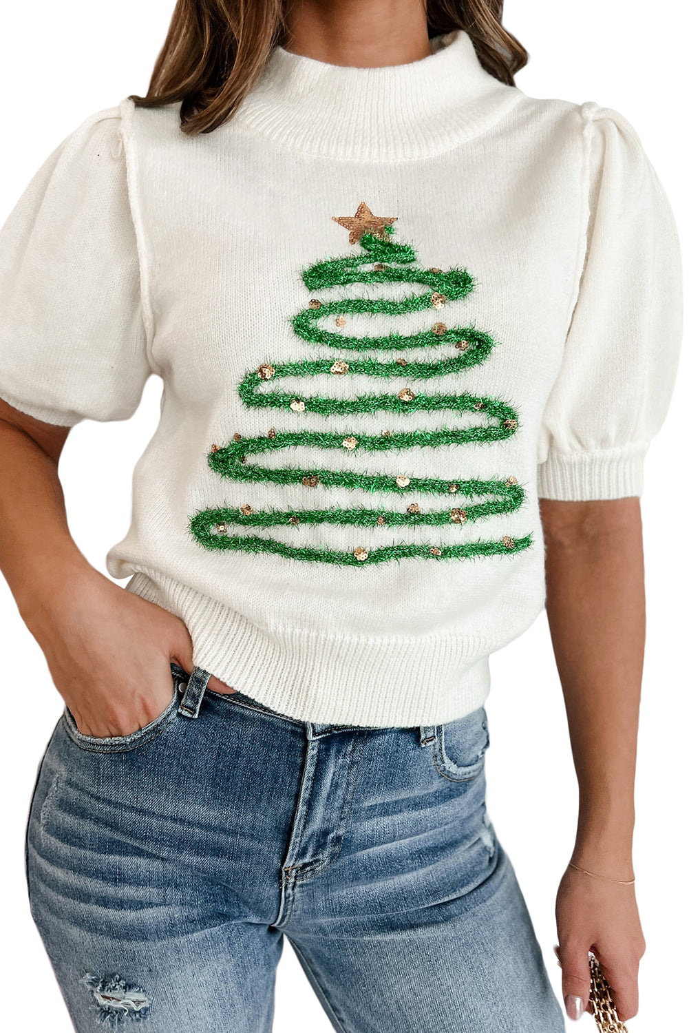 White Tinsel Christmas Tree Puff Short Sleeve Sweater