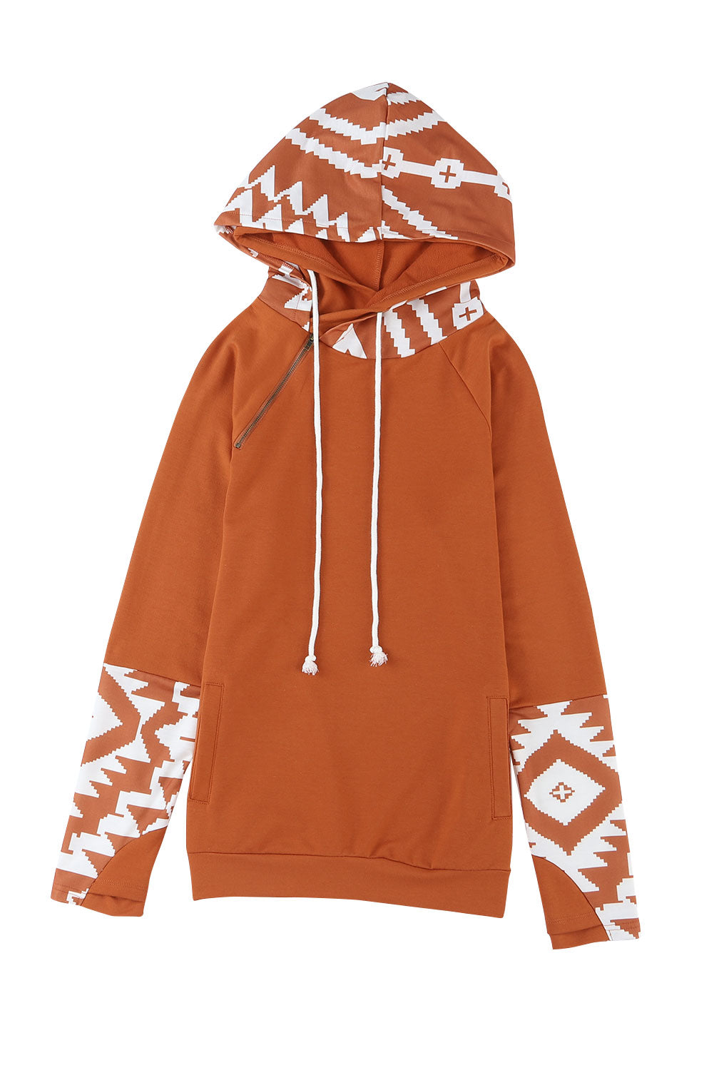 Brown Geometric Pattern Pullover Hoodie with Pockets