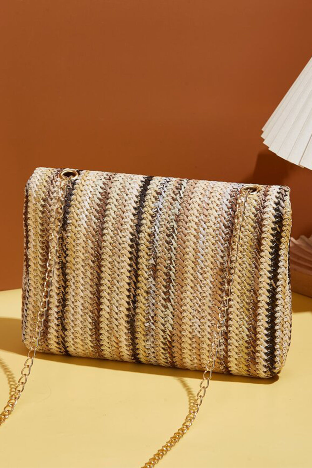 Camel Woven Striped Flapped Single Shoulder Bag