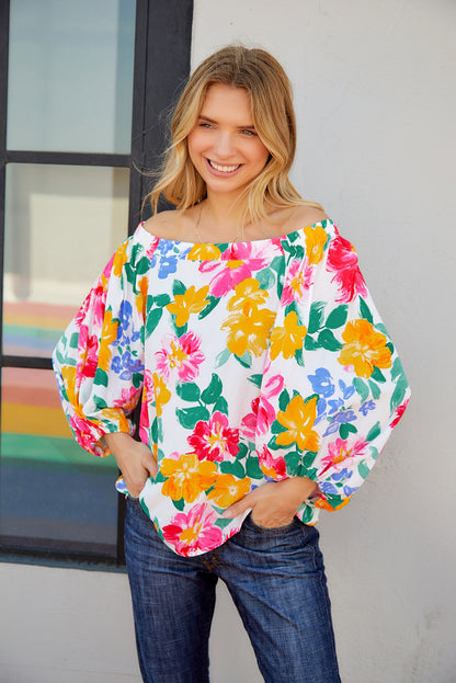 Watercolor Bohemian Flower Print Off Shoulder Blouse