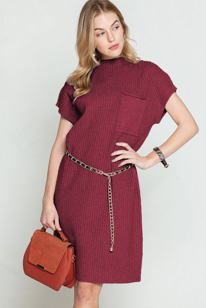 Oatmeal Patch Pocket Ribbed Knit Short Sleeve Sweater Dress