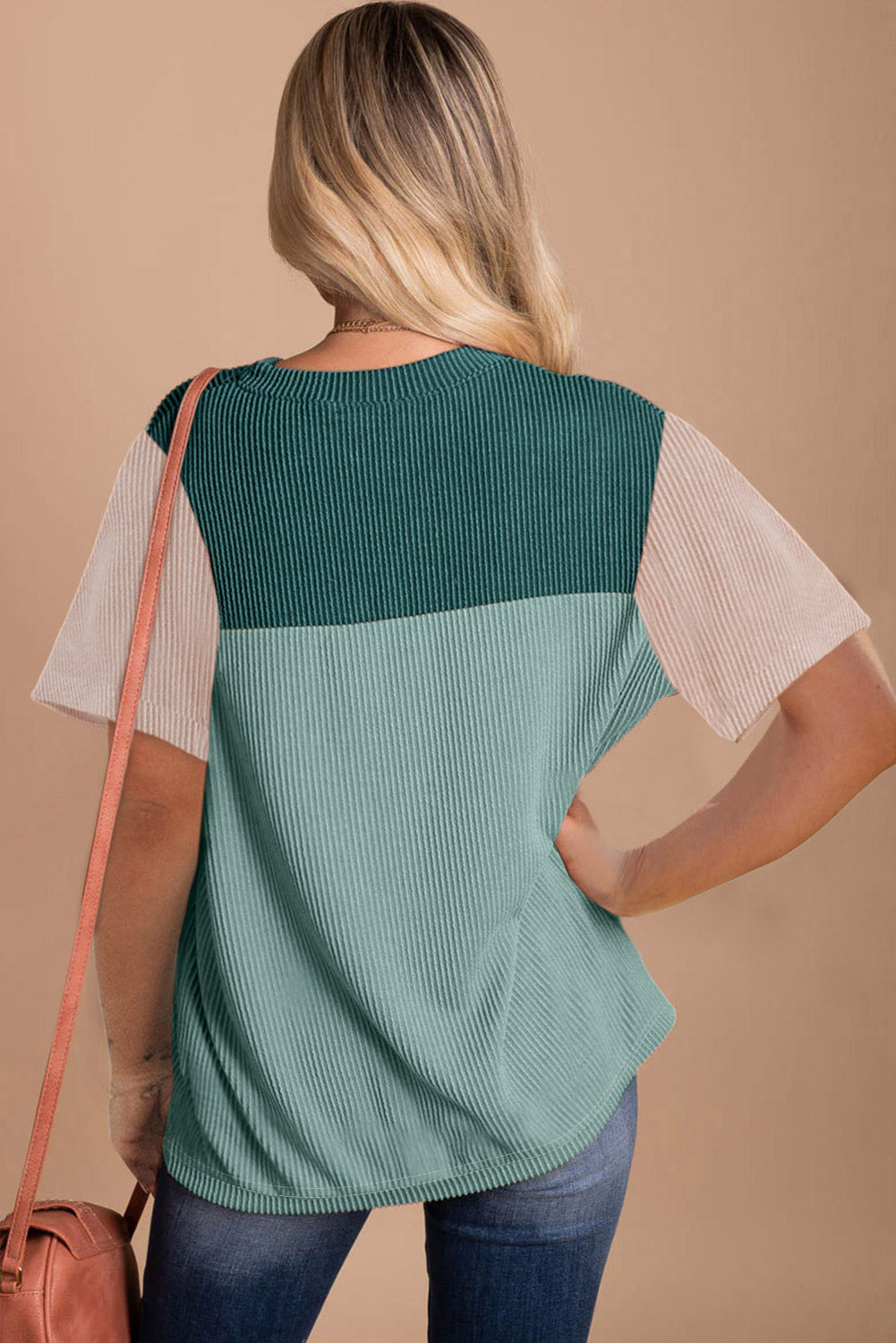 Light Blue Rib Textured Colorblock Round Neck T Shirt