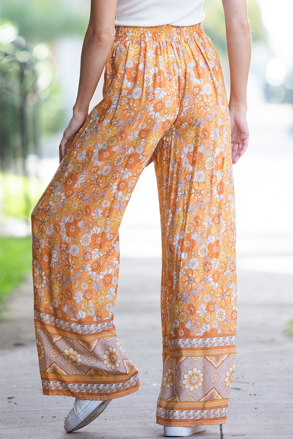 Grapefruit Orange Tie Waist Boho Floral Wide Leg Pants