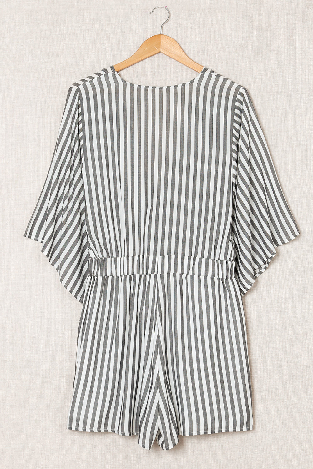 Grey Striped Print Tie Knot Front Romper With Pockets